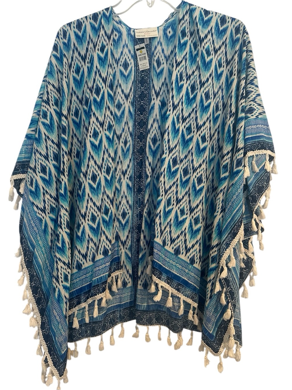 Blue Patterned Tassel Kimono Cover-Up - Beachwear - One Size